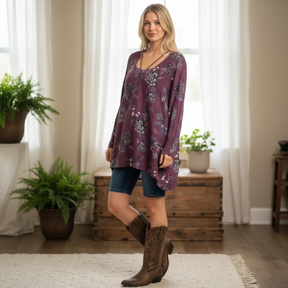 Free People Plum Floral Strappy V-Neck Tunic Top Long Sleeve Purple Goth Small